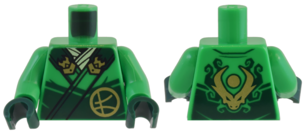 973pb5228c01 - Torso Robe Dark Green Straps, Gold Buckles, Ninjago Logogram Letter L and Dragon Head and Orb on Back Pattern / Bright Green Arms / Dark Green Hands